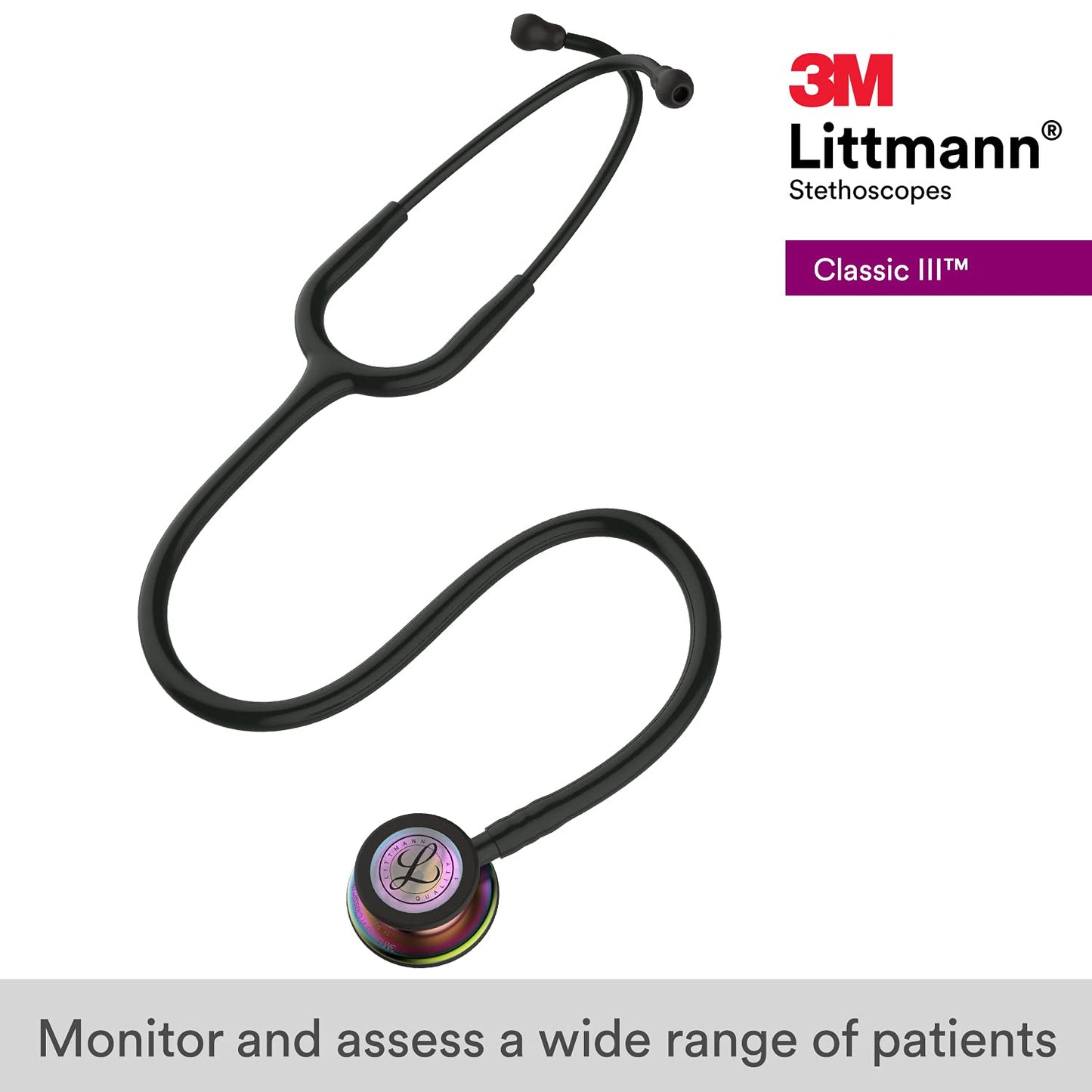 3M Littmann Classic III Monitoring Stethoscope, Rainbow-Finish Chestpiece, black stem and headset, Black Tube, 27 inch, 5870