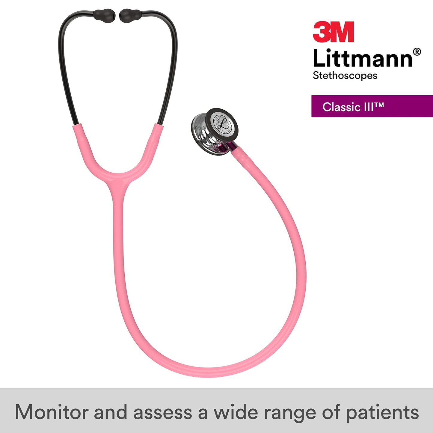 3M Littmann Classic III Monitoring Stethoscope, Mirror Chestpiece, Pearl Pink Tube, Pink Stem and Smoke Headset, 27 inch, 5962